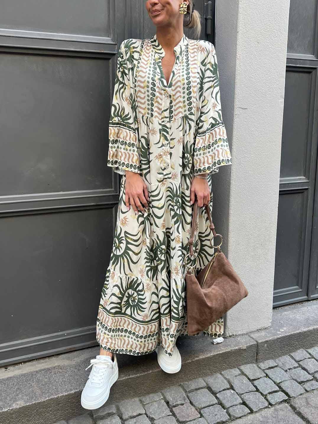 Casual Ethnic Print Trumpet Sleeve Maxi Dress