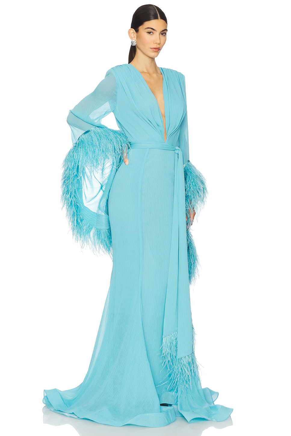 Elegant V-Neck Feather Cuff Chiffon Flowing Party Maxi Dress