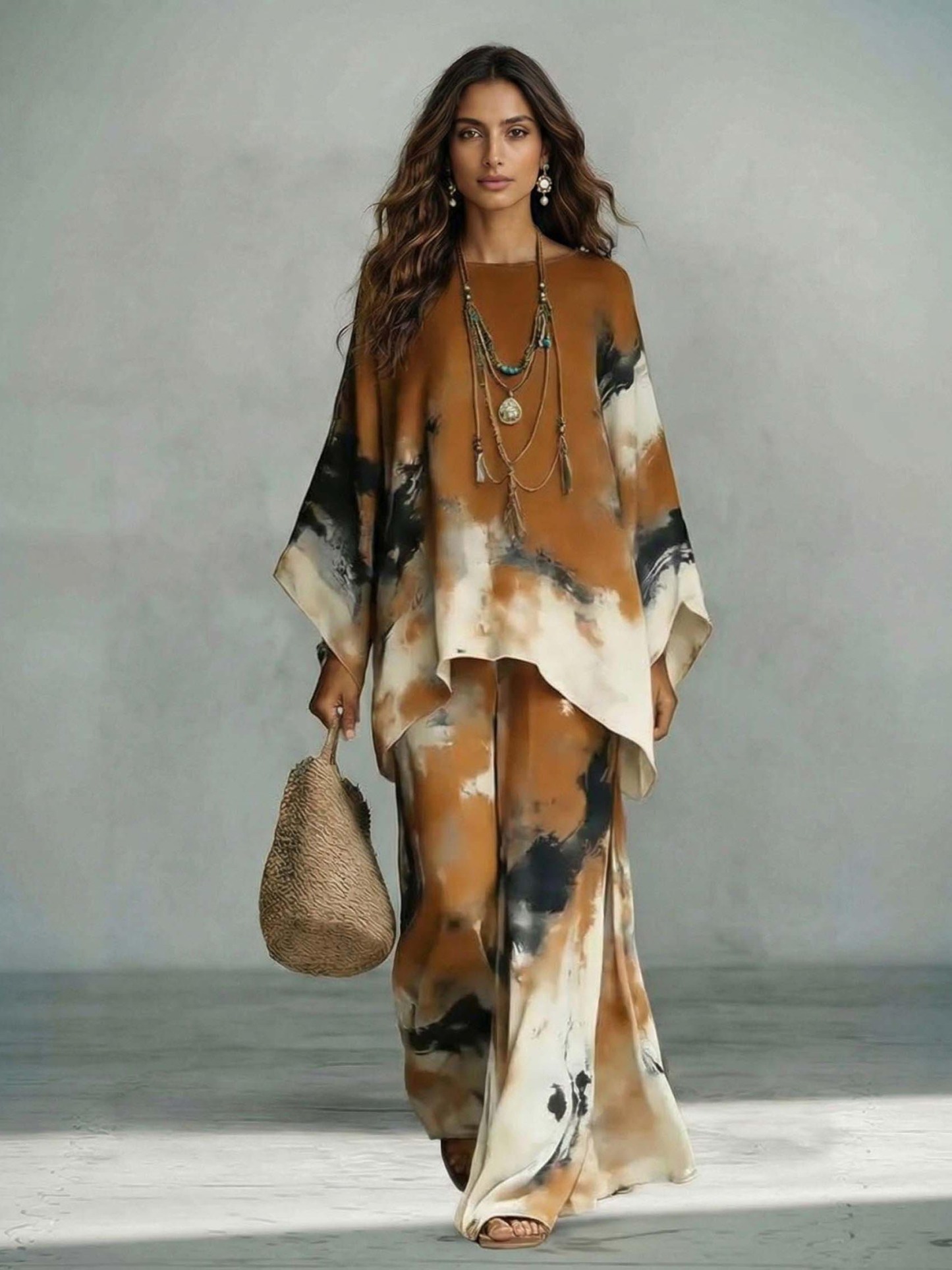 Elegant Tie-Dye Print Loose Kaftan Top & Pants Two-Piece Set