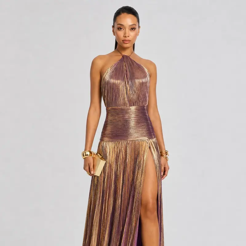 Elegant Metallic Pleated Halter Neck Maxi Dress