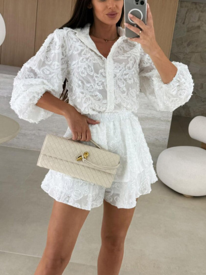 Exquisite Lace Jacquard Hollow Casual Long-sleeved Two-piece Suit