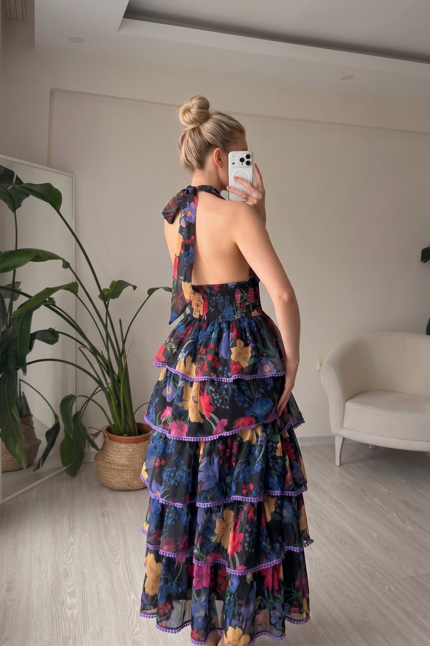 V-Neck Printed Ruffled Dress