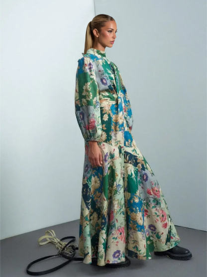 Delicate Floral Print Tie-Back Lantern Sleeve Maxi Dress