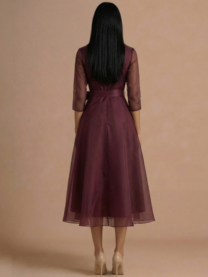 Elegant Draped Shawl-Collar Organza Midi Dress