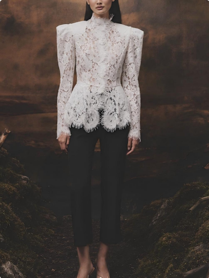 Shoulder Pad Structure Floral Lace Lotus Leaf Waist Blouse