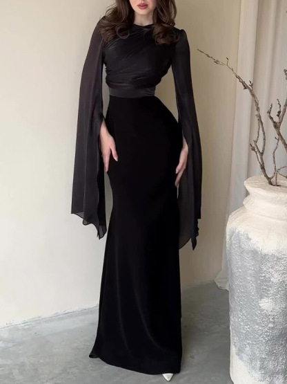 Elegant Flared Sleeves Satin Maxi Dress