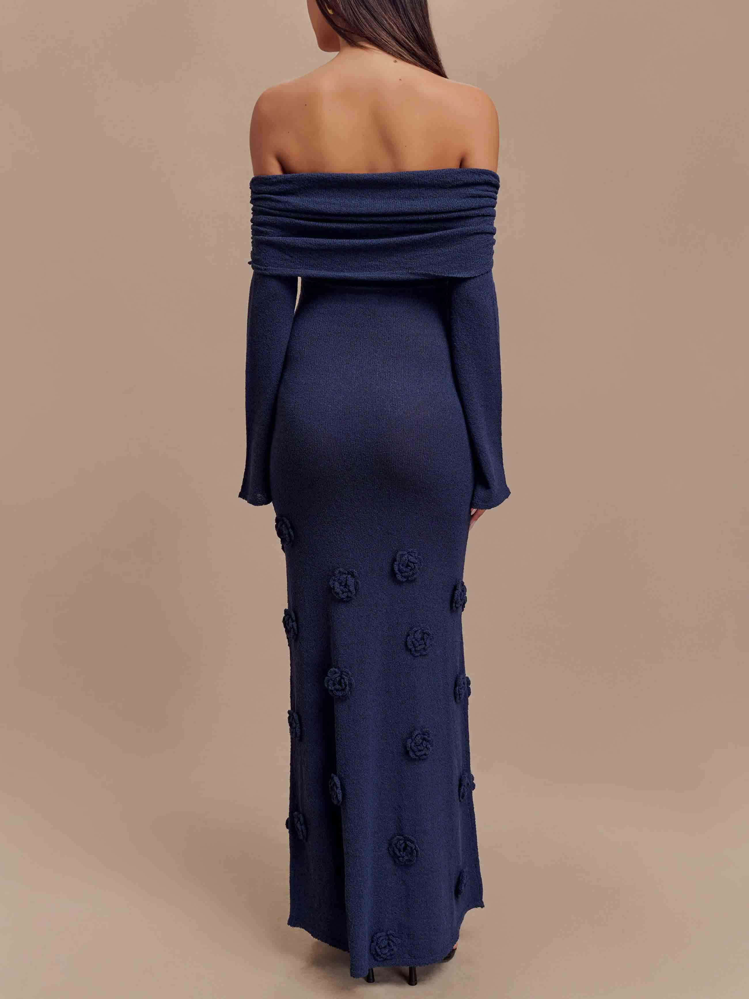 Elegant Off-shoulder Knitted Rose Maxi Dress
