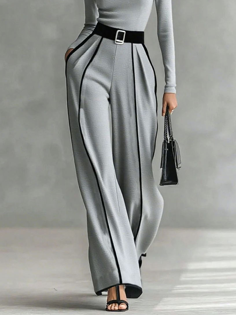 Elegant Contrast Trim High Waist Wide Leg Pants