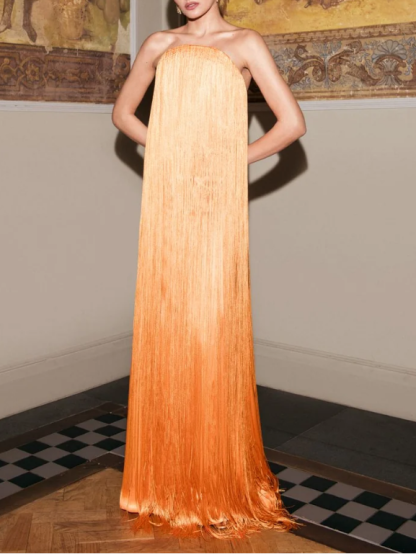 Elegant Strapless Fringe Formal Maxi Dress