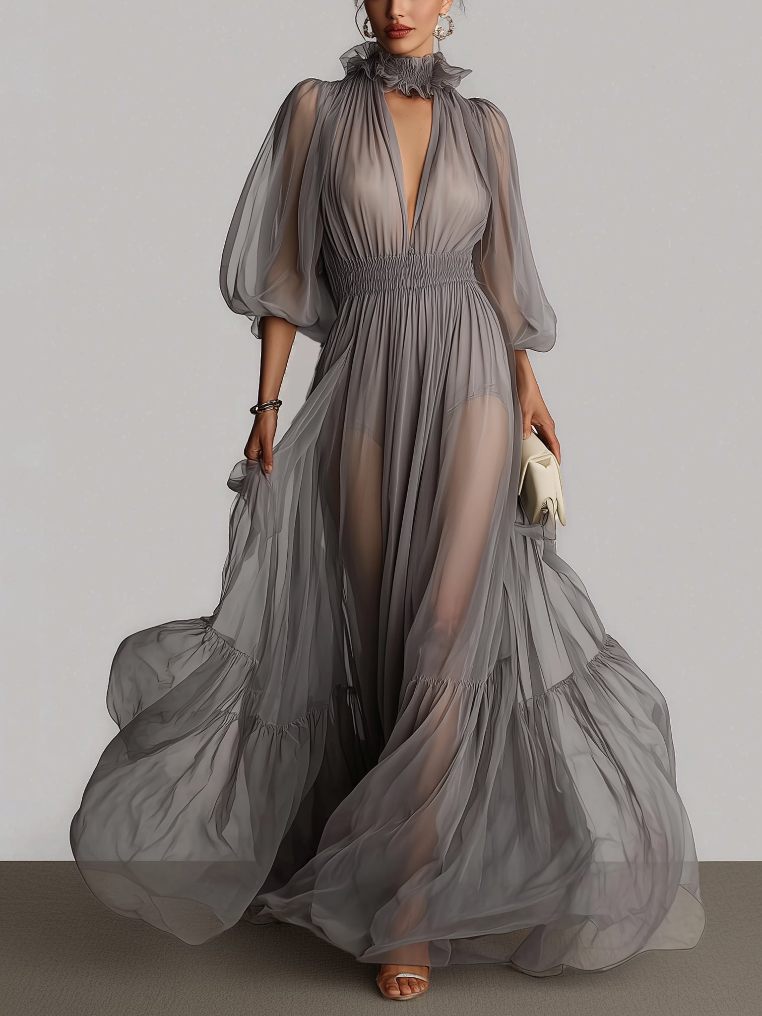 Elegant Puff Lantern Sleeve Deep V Sheer Maxi Dress