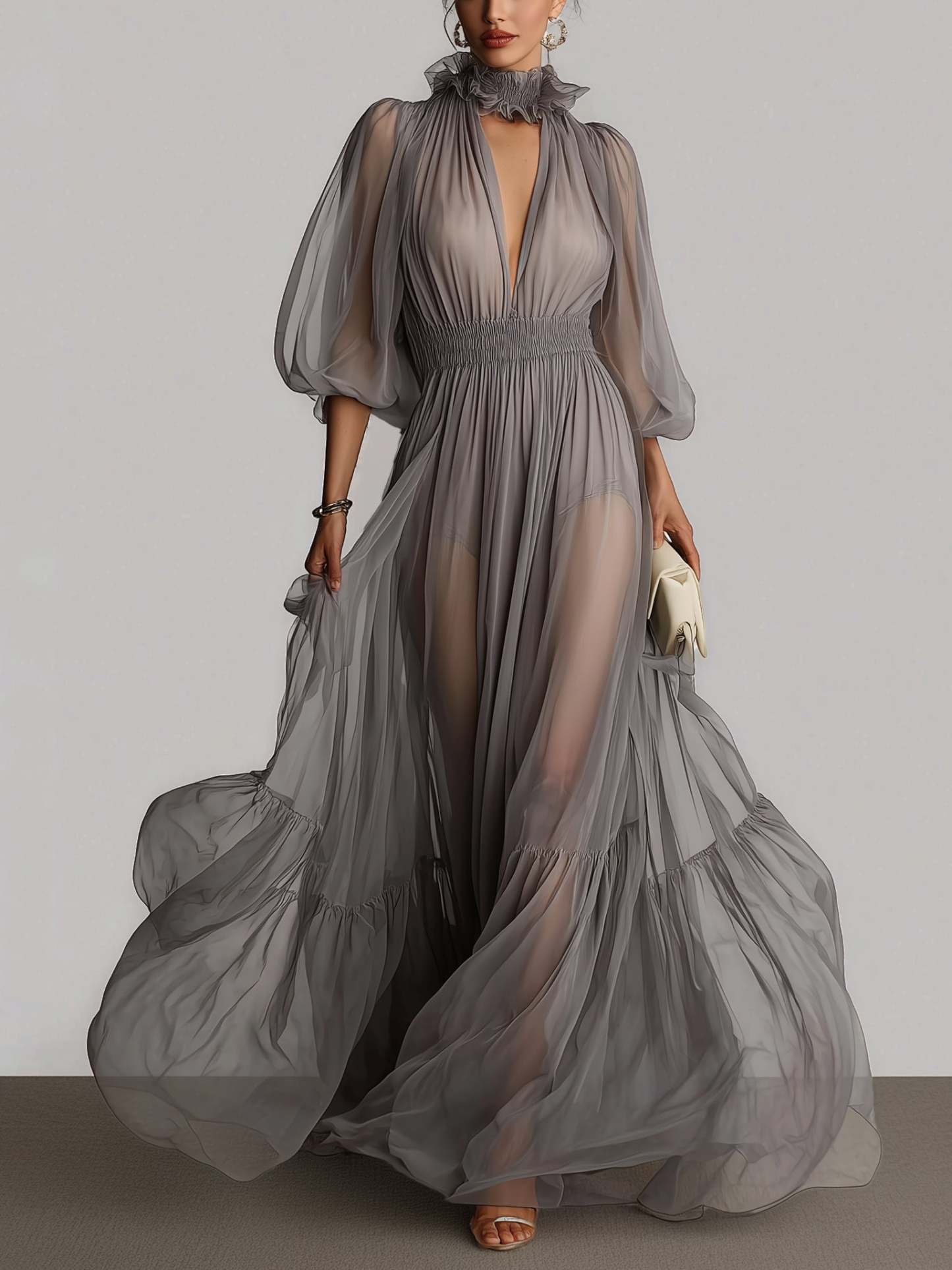 Elegant Puff Lantern Sleeve Deep V Sheer Maxi Dress
