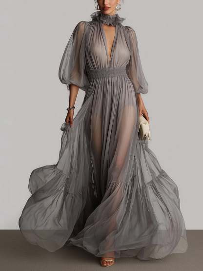 Elegant Puff Lantern Sleeve Deep V Sheer Maxi Dress