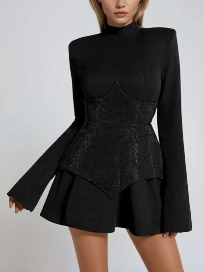 Elegant Stand Collar Pleated Tuxedo Mini Dress