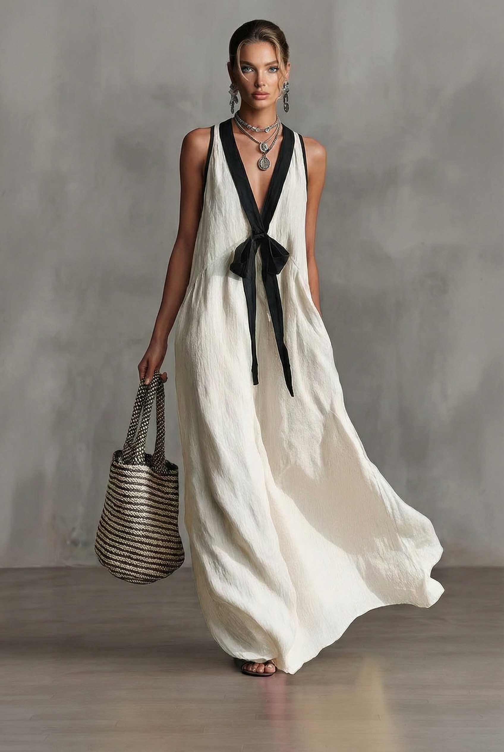 V-neck Bow-Knot A- Line Dress