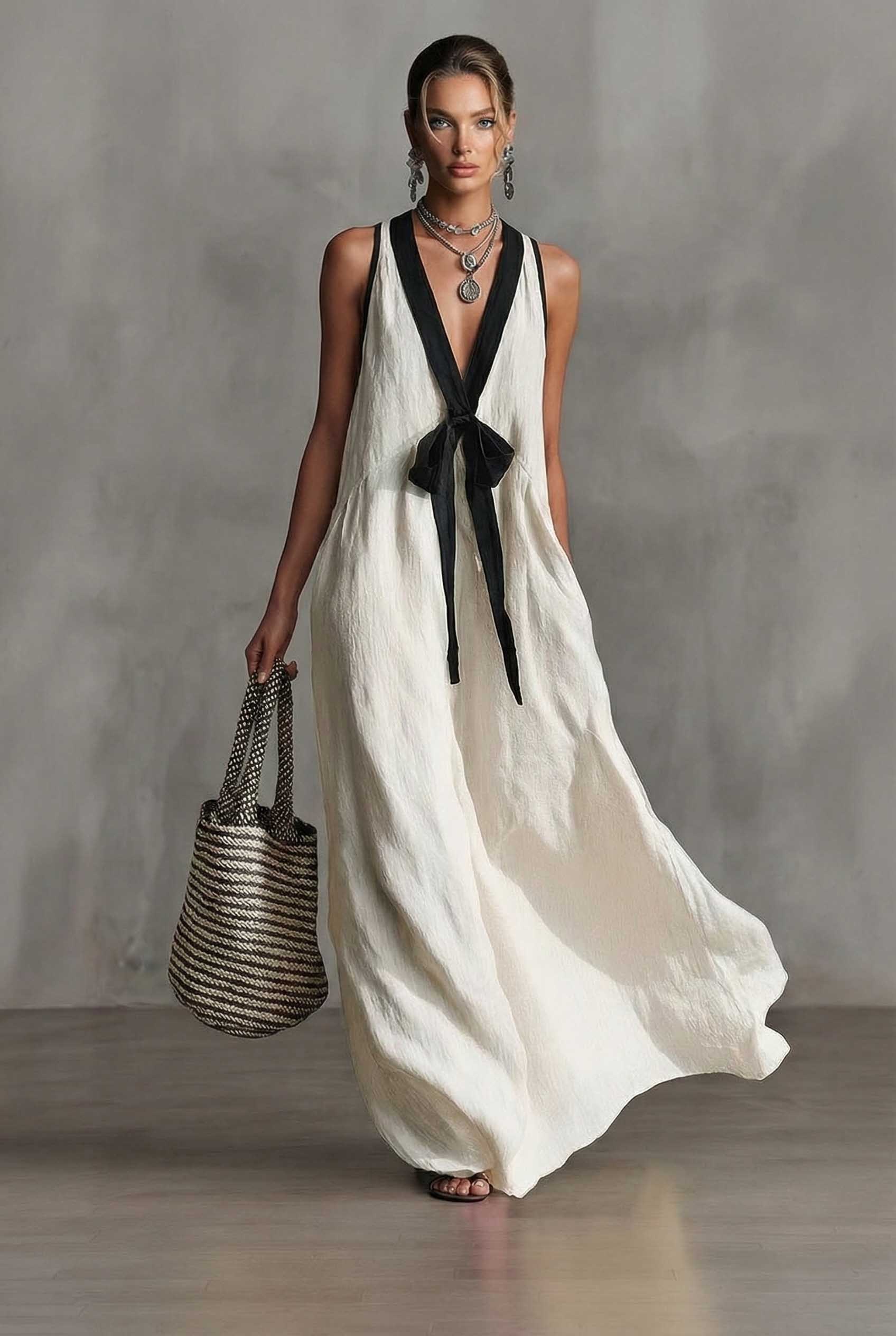 V-neck Bow-Knot A- Line Dress