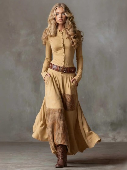 Retro Plaid Patchwork Maxi Dress