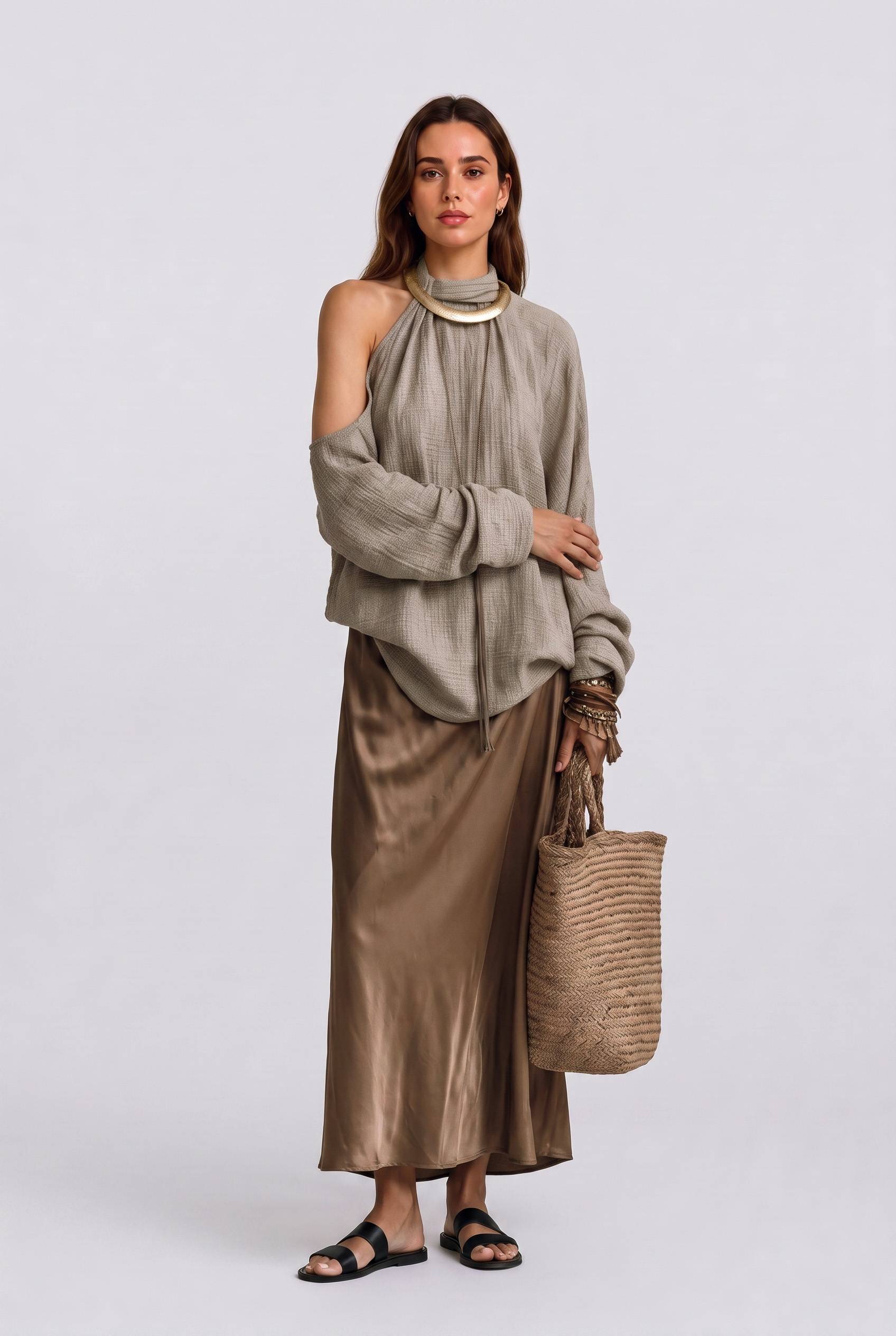 Texture Open-Shoulder Long-Sleeved Top High-Waist Bright Satin Skirt Set