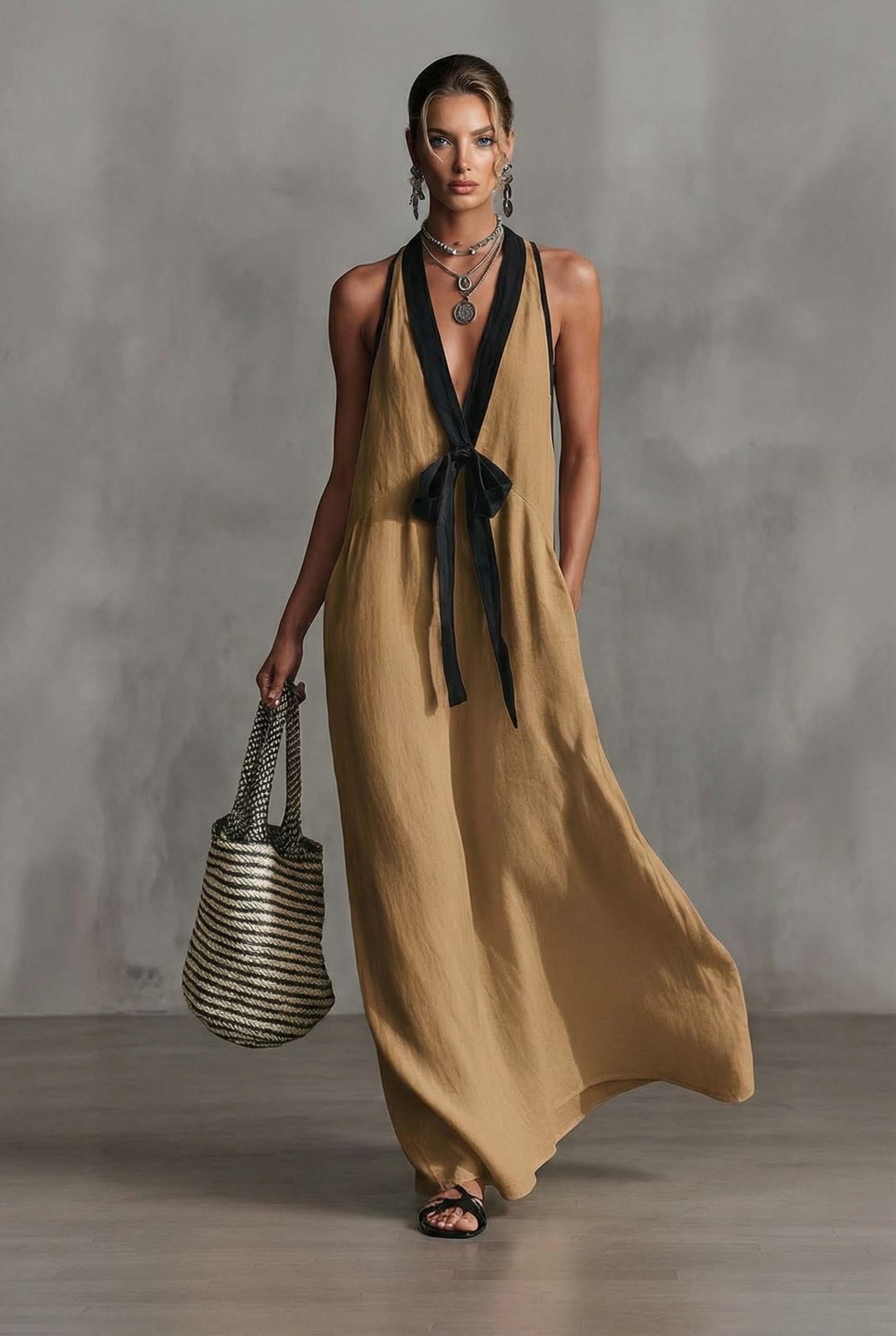 V-neck Bow-Knot A- Line Dress