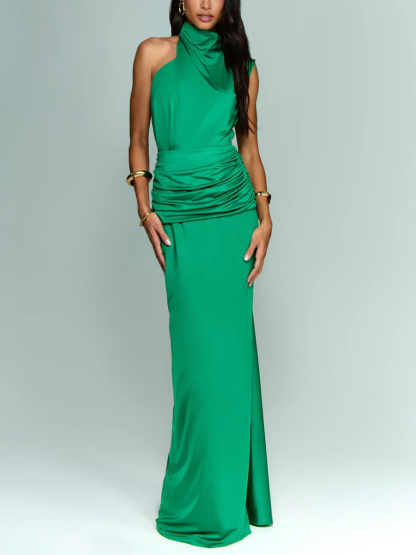 Elegant Asymmetric Neckline Pleated Party Maxi Dress