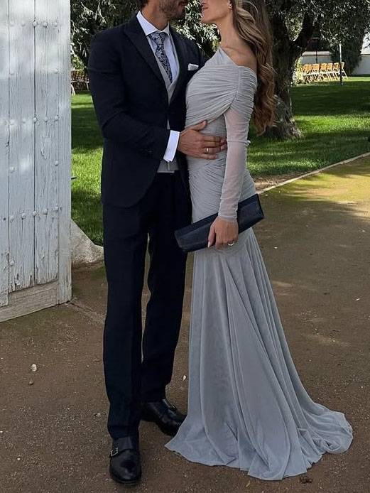 Cross Pleated Design Long Sleeve Maxi Dress