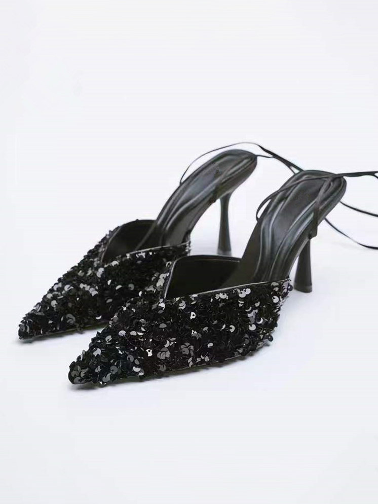 Sequined Slingback Pointed Toe Lace-up High Heels