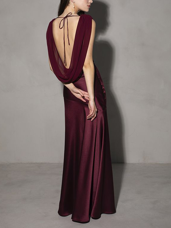 Elegant Drop Shoulder Satin Evening Maxi Dress