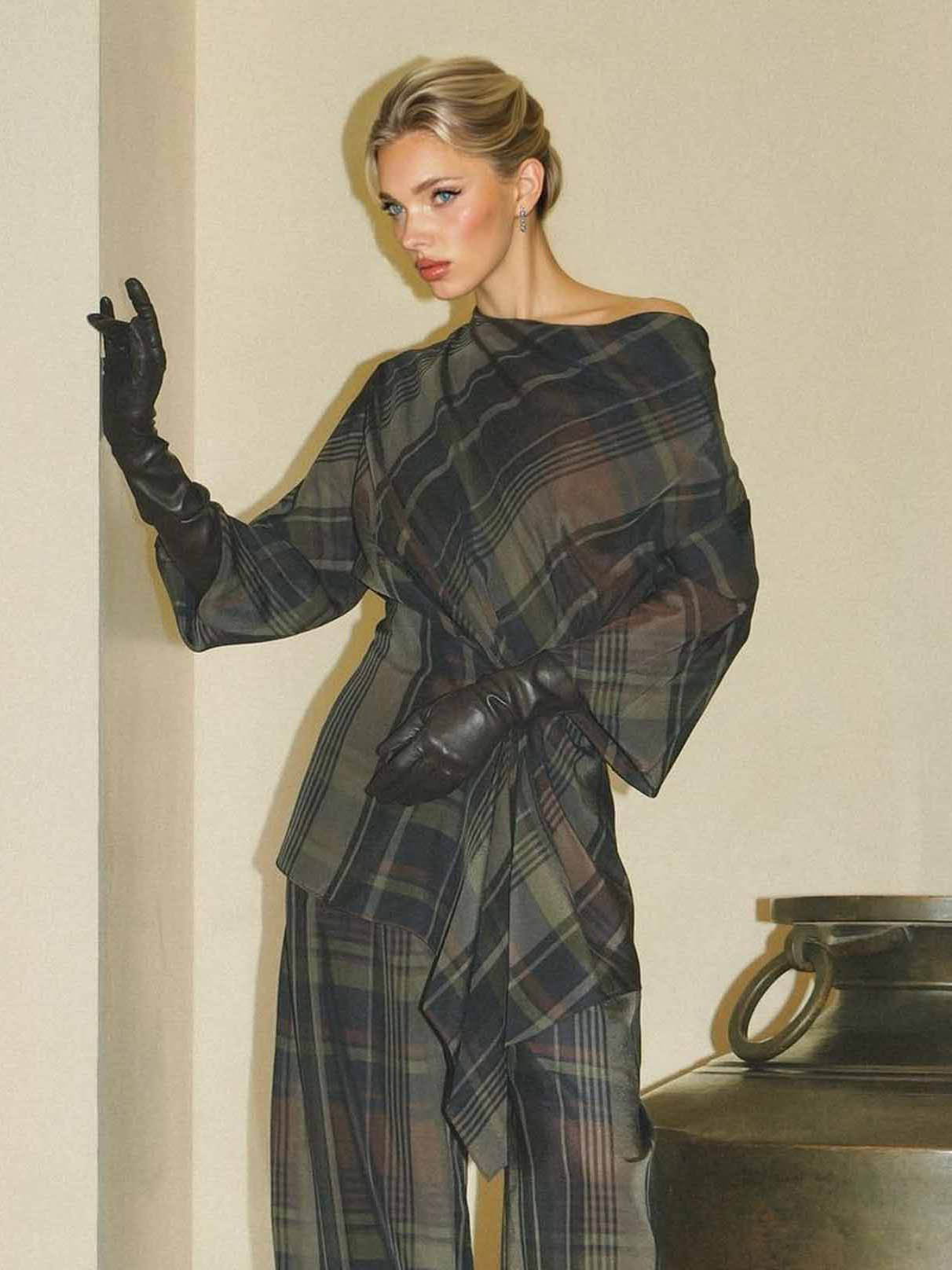 Plaid Straight-Leg Tailored Pants