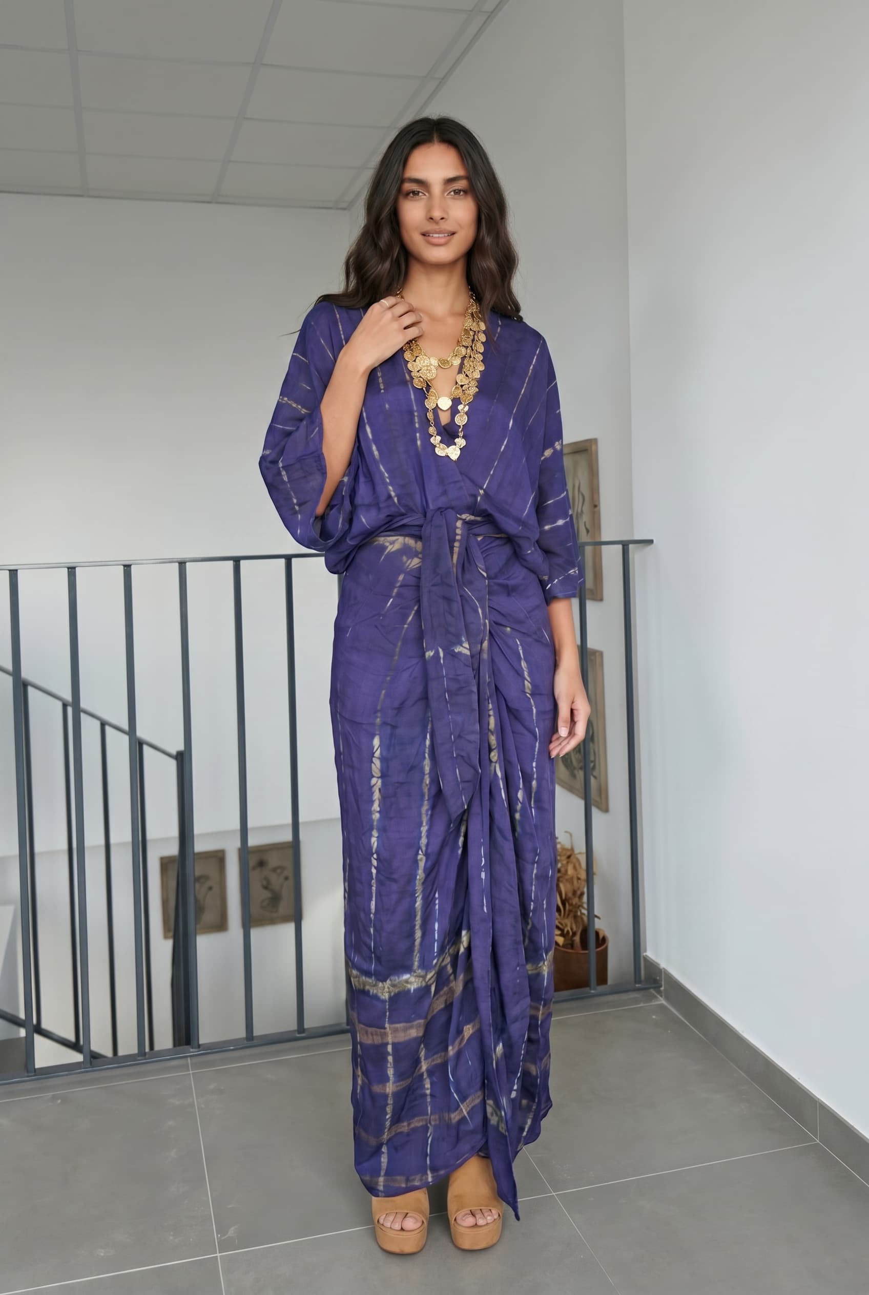 V-Neck Printed Slit Streamer Design Maxi Dress
