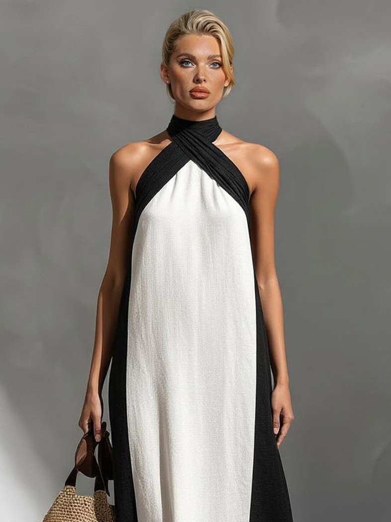 Elegant Color-Block Halter Maxi Dress
