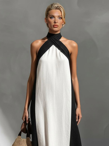 Elegant Color-Block Halter Maxi Dress