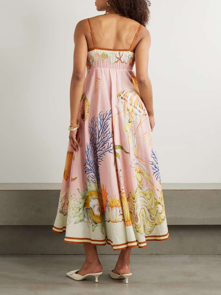 Exquisite Marine Aquatic Print Halter Neck Midi Dress