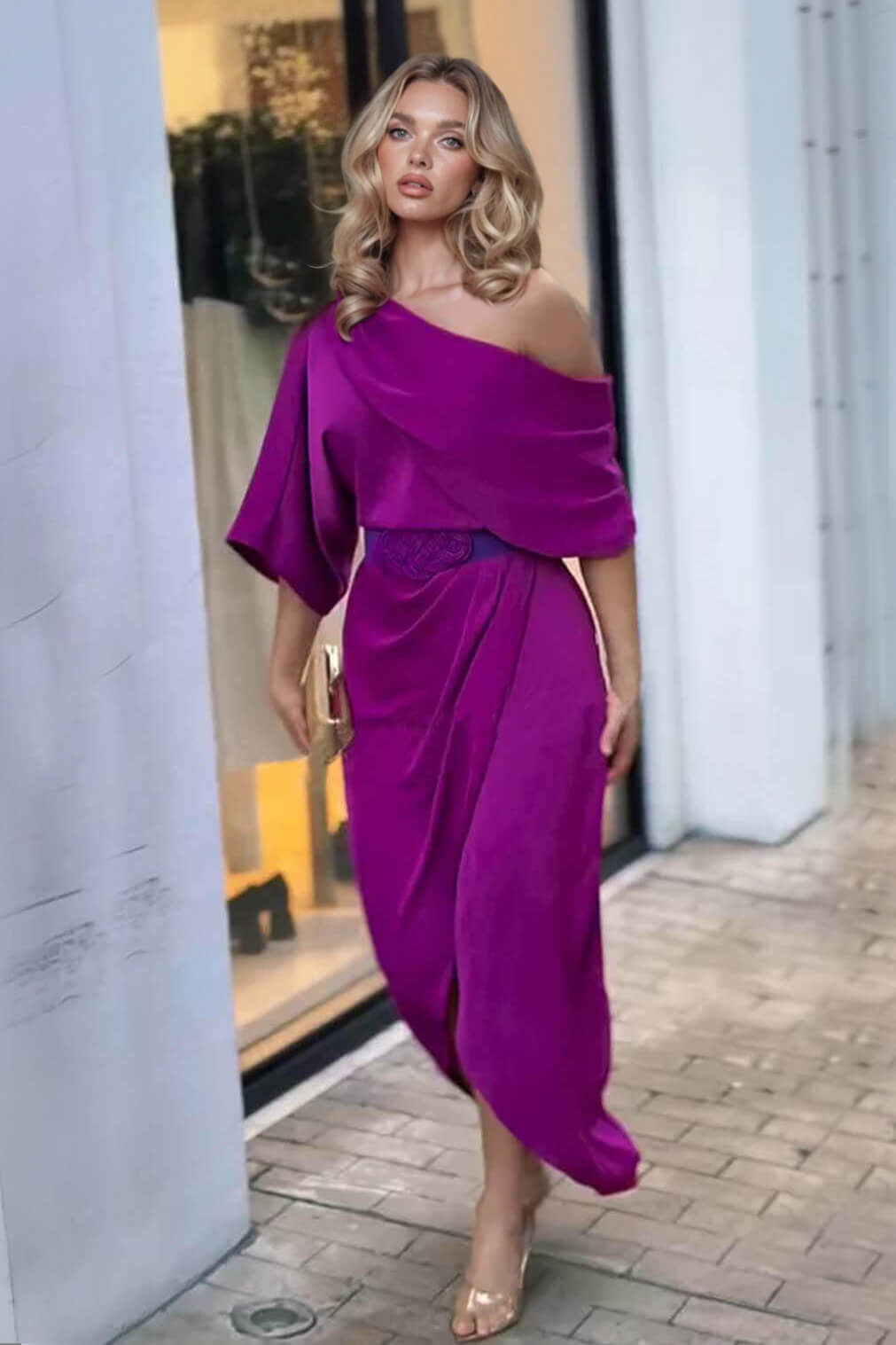 Exquisite Satin Irregular Lapel Neckline Design Ruched Maxi Dress
