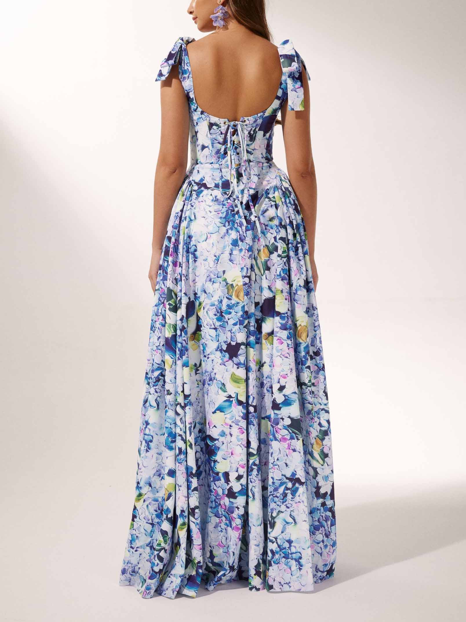 Bow Strap Hydrangea Print Maxi Dress