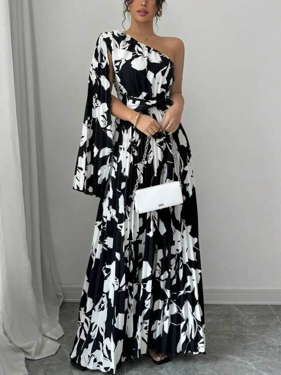 Elegant Asymmetric Collar Printed Maxi Dress