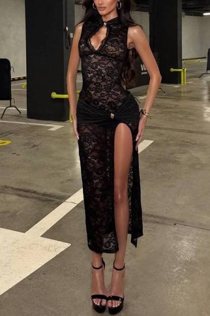 Lace Hollow High Slit Maxi Dress