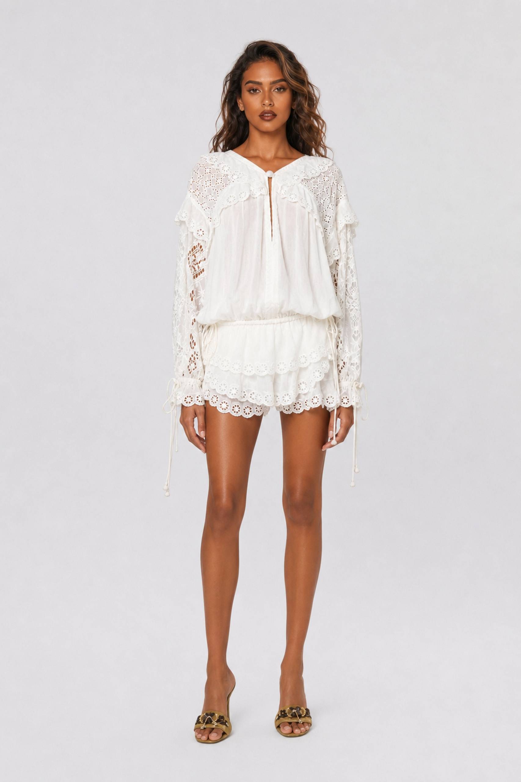 Bohemian Holiday Ruffled Long Sleeve Cutout Top Shorts Set