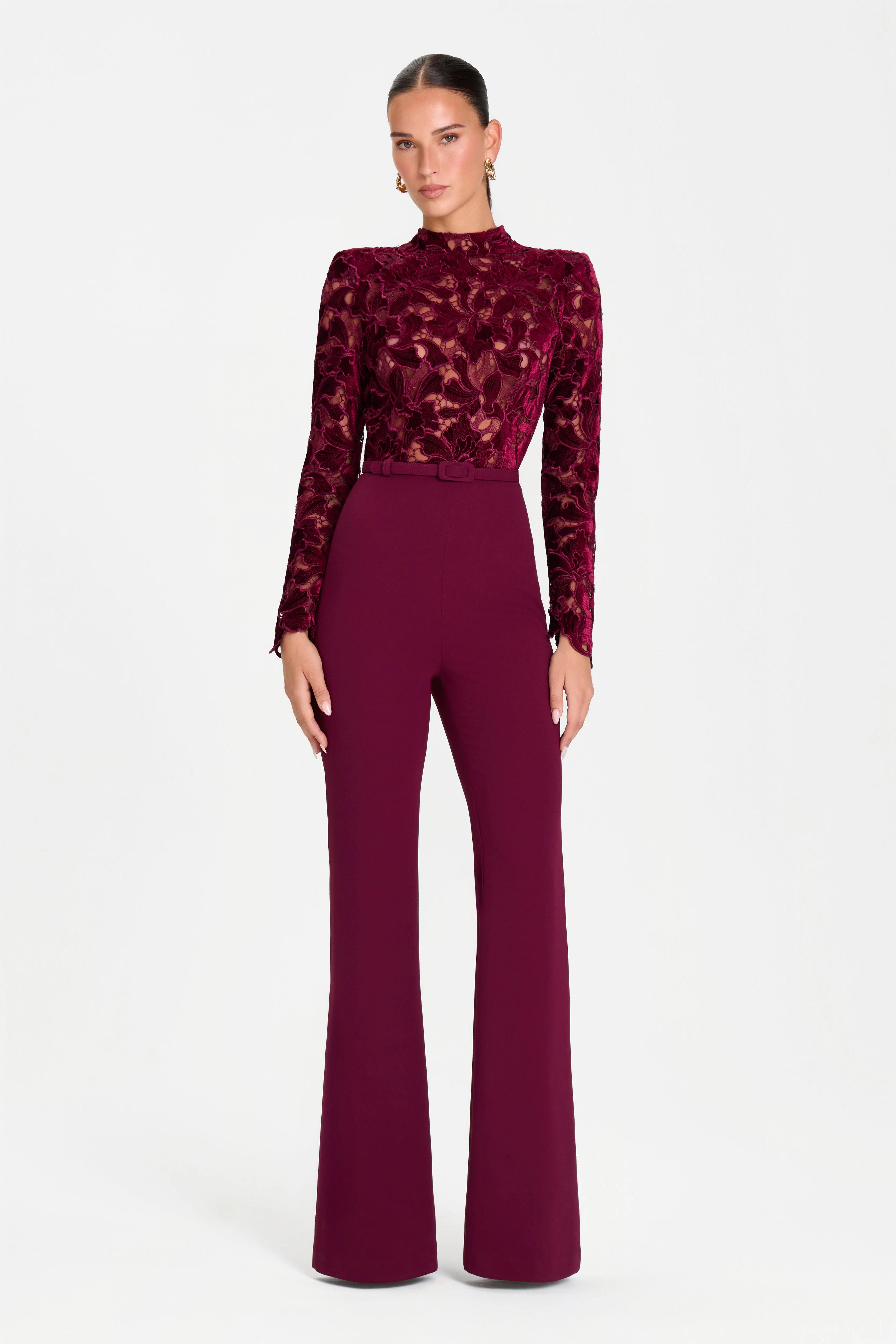 Burgundy Lace Mock Neck Long Sleeve Belted Flared Leg Jumpsuit