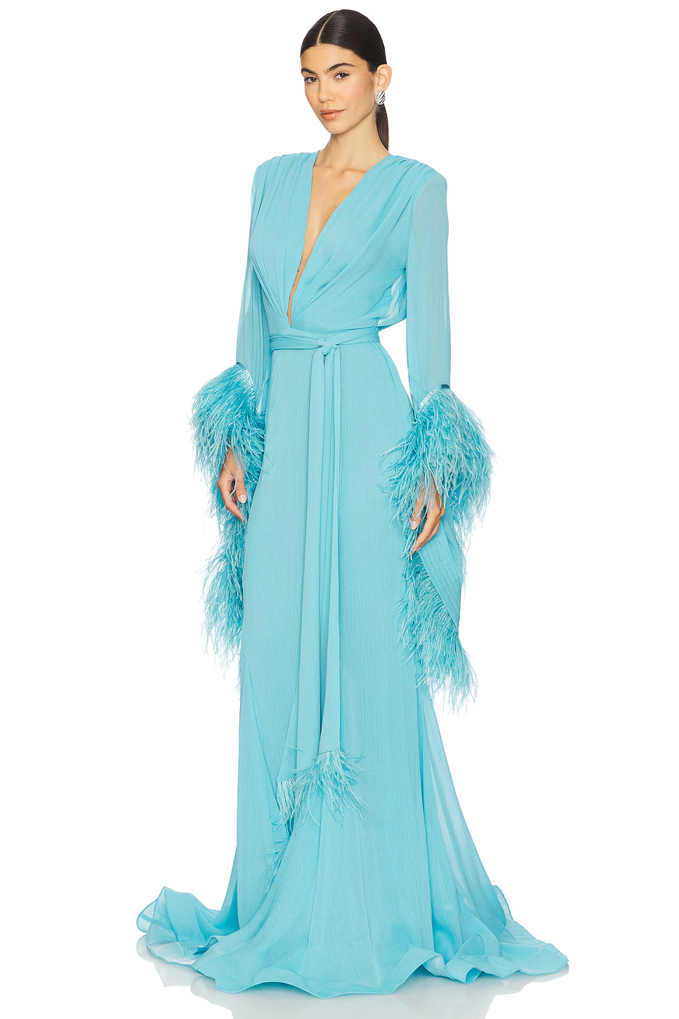 Elegant V-Neck Feather Cuff Chiffon Flowing Party Maxi Dress