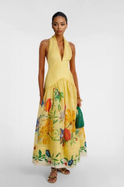 Elegant And Aexy Vackless Dahlia Foral Print Maxi Dress