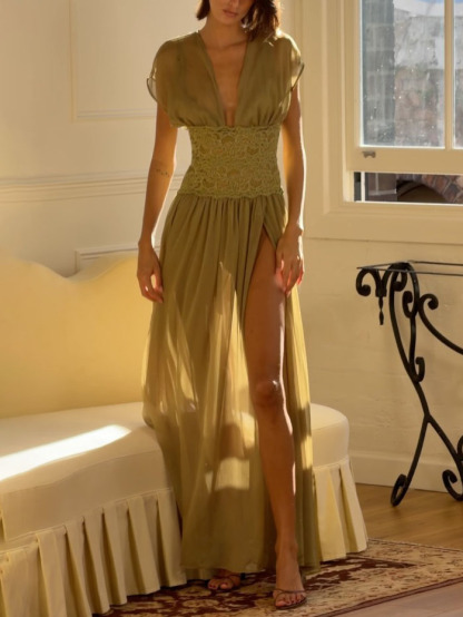 Elegant Grecian-style Tulle V-neck Lace Slit Maxi Dress