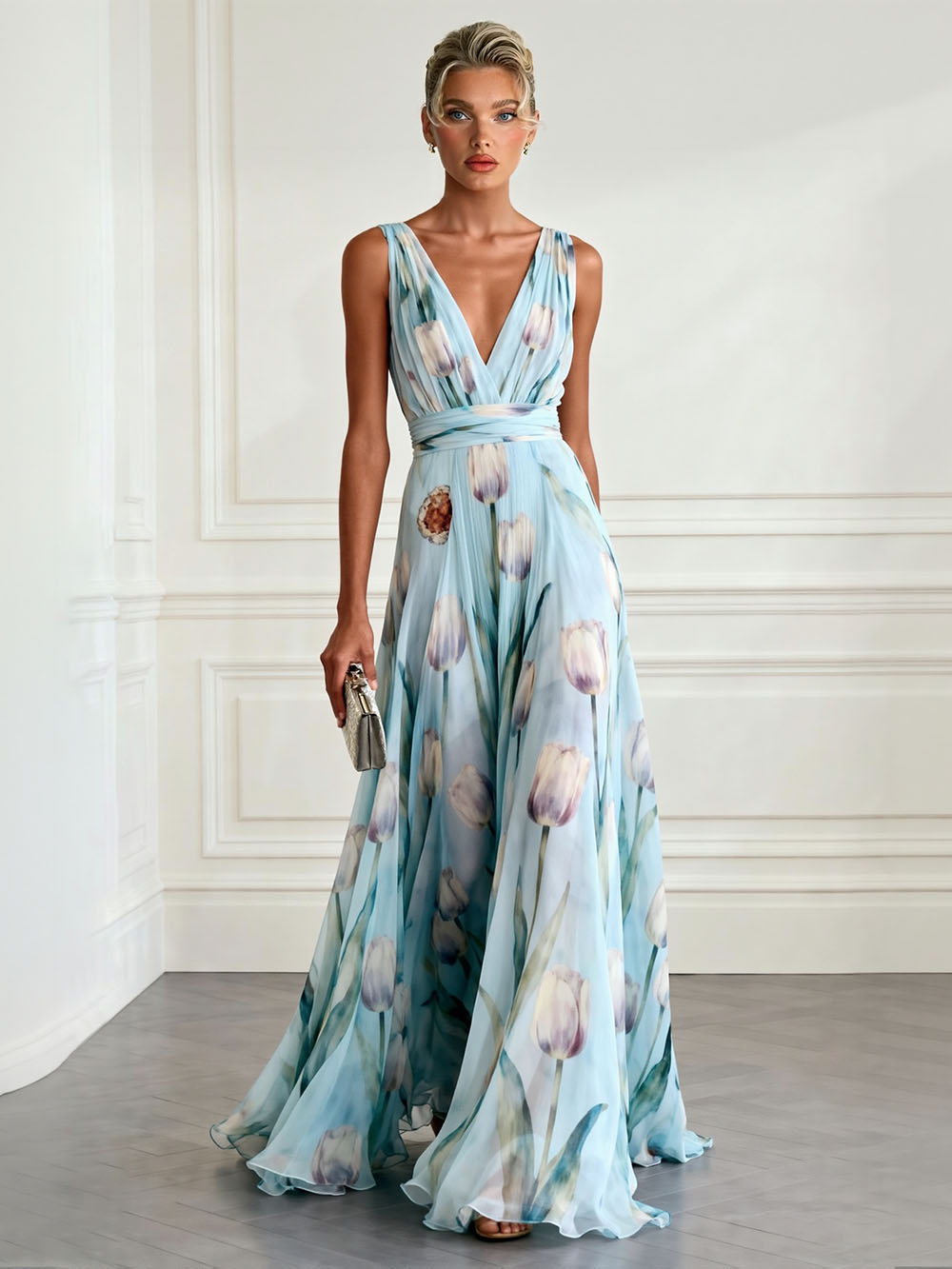 Elegant Tulip Print V-neck Maxi Dress – Likemychoice