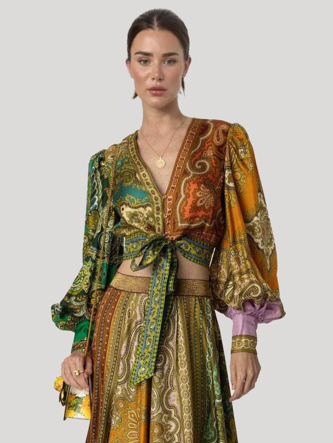 Exquisite Bohemian Paisley Print Satin Two-Piece Set