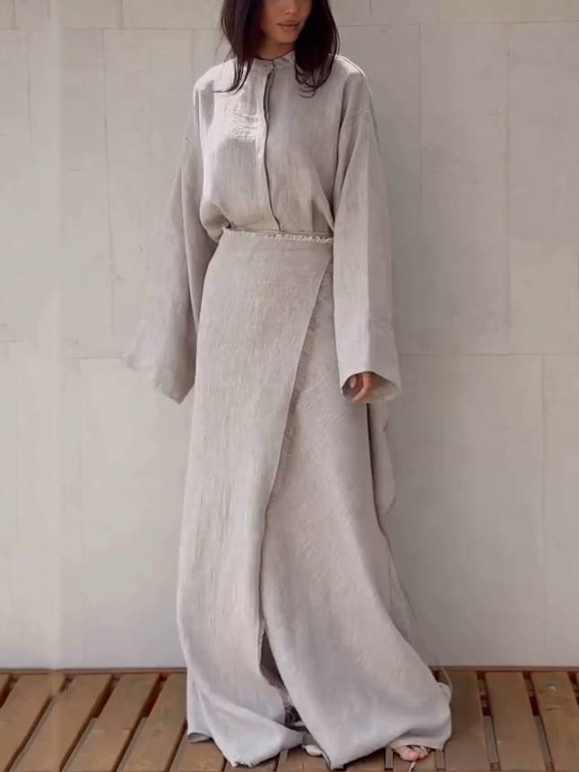 Stand Collar Shirt And Lace-up Skirt Suit