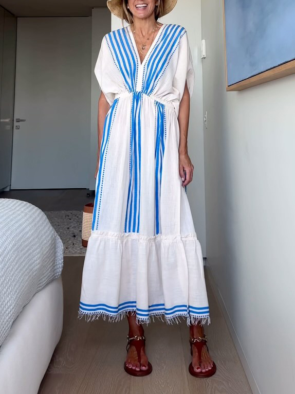Casual Stripe Print Drop Shoulder Sleeve Midi Dress