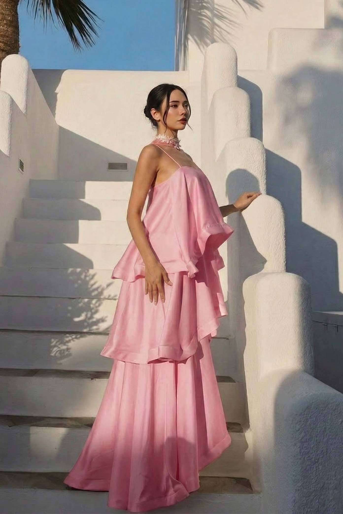 Elegant Three-layer Ruffle Sling Maxi Dress
