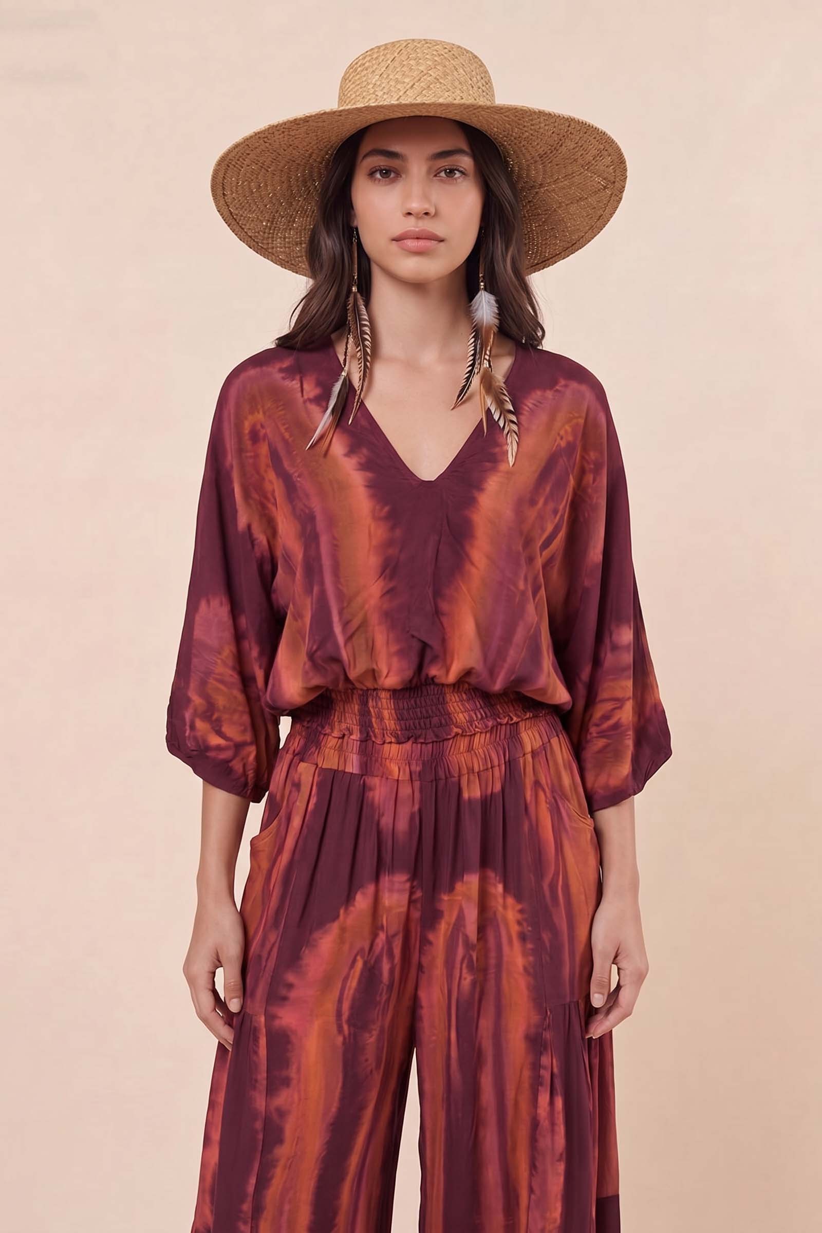 V-Neck Printed Top And Wide Leg Pants Set