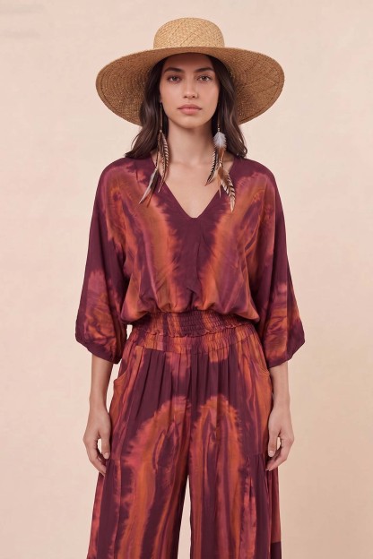 V-Neck Printed Top And Wide Leg Pants Set