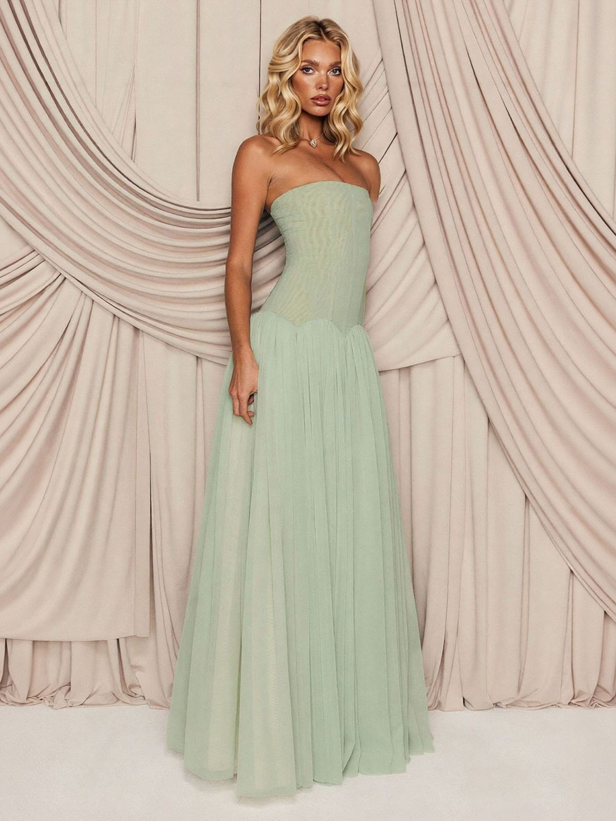 Elegant Strapless Corset Tulle Party Maxi Dress
