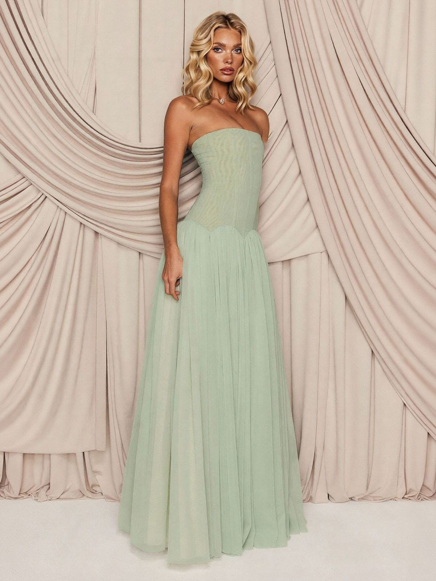 Elegant Strapless Corset Tulle Party Maxi Dress