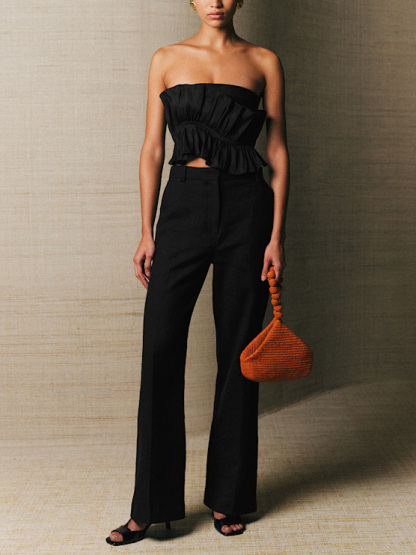 Elegant Strapless Ruffle Crop Top & Wide-Leg Pants Two-Piece Set